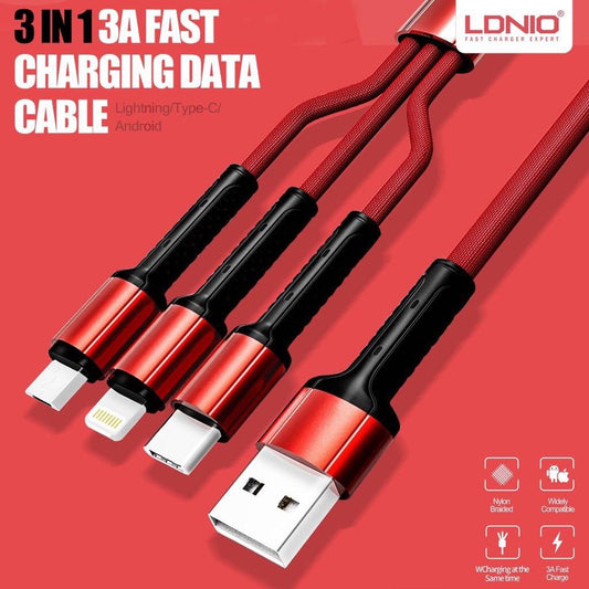 LDNIO LC93 3-In-1 3.4A Fast Charging Data Cable- Red Color